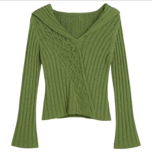 VTG TWIGGY Green Knit Hoodie Sweater Women XL Ribbed Y2K Cottagecore Brat Cotton